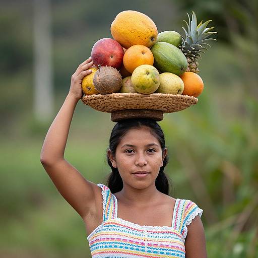 Photograph of a young woman with dark hair, wearing a colorful striped dress, balancing a basket of various fruits on her head in a green, blurry
