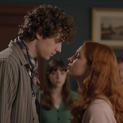 Photograph of a curly-haired young man and a red-haired woman gazing intensely at each other, close-up, with a blurred background of another person