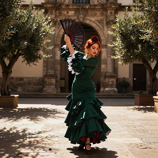 Photograph of a red-haired woman in a dark green, ruffled dress, holding a black fan, dancing in a sunlit courtyard with olive trees