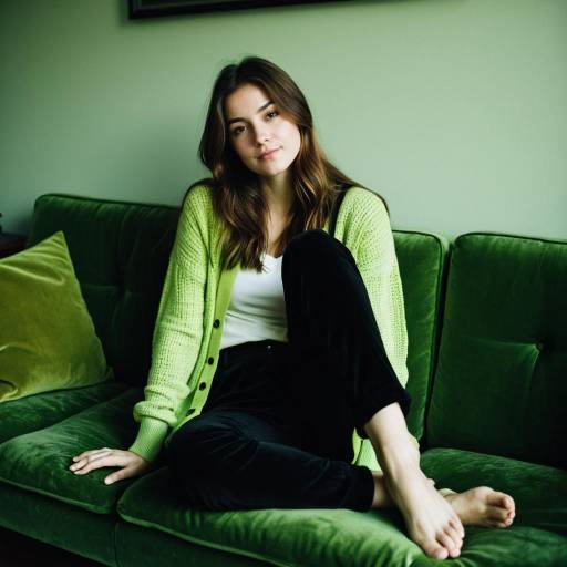 Woman in Lime Green Cardigan Sitting on Velvet Couch