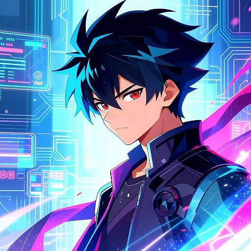 Anime-style digital illustration of a black-haired, red-eyed male character with spiky hair, wearing a dark jacket, against a neon blue circuit background with