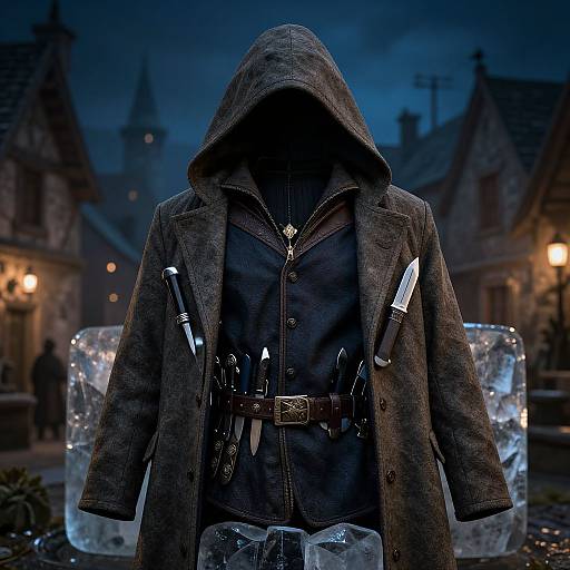 Photograph of a hooded figure in a dark, textured coat with knives in belt and pockets, standing in front of a blue-lit, medieval