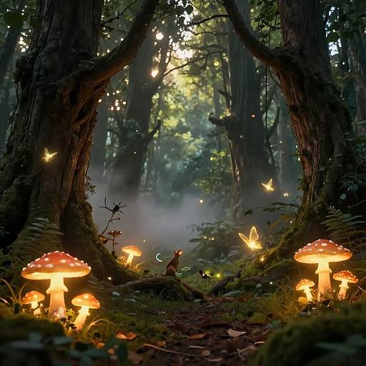 Dreamy forest scene with glowing mushrooms, fireflies, and butterflies illuminated by sunlight filtering through tall trees. Enchanted, magical atmosphere.