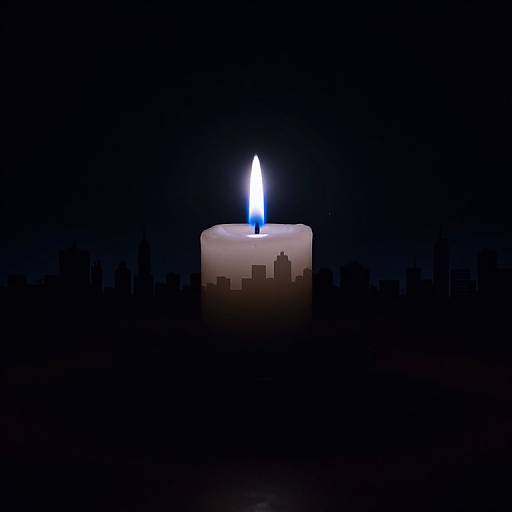 Photograph of a lit white candle with a blue flame, centered against a dark, silhouetted city skyline background.