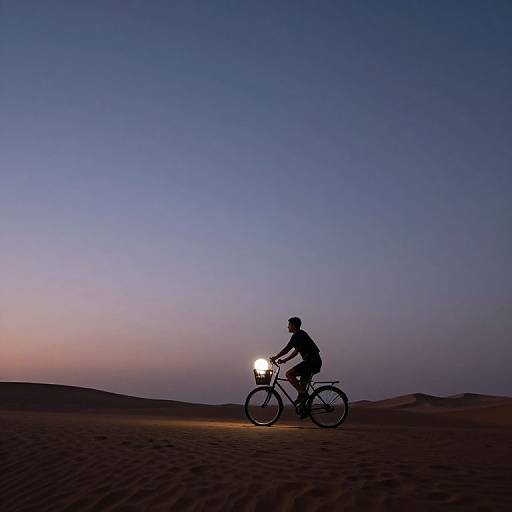 Silhouetted cyclist with glowing headlight rides through desert at dusk, under a gradient blue-to-purple sky. Sand dunes in background. Photograph