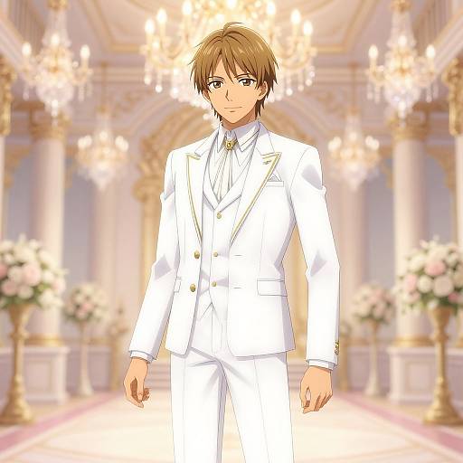 Anime-style digital drawing of a brown-haired man in a white suit, standing in an ornate, chandelier-lit ballroom with floral arrangements.