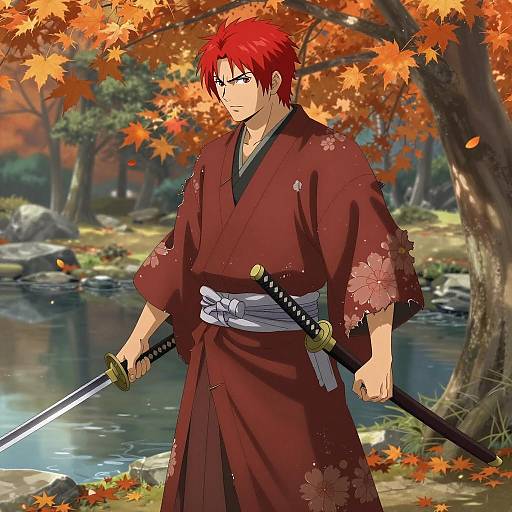 Vibrant Samurai by the Autumn Pond