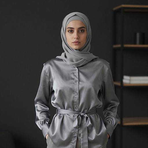 Young Woman in Grey Satin Hijab