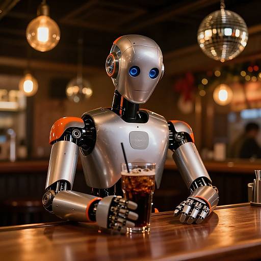 Photorealistic CGI of a shiny silver robot with blue eyes, holding a glass of cola, sitting at a wooden bar with hanging lights and a disco
