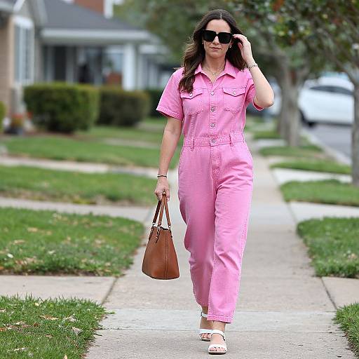 Confident Woman in Pink Denim Jumpsuit