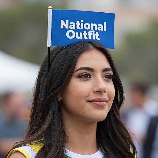 Photograph of a young woman with long black hair, olive skin, and subtle makeup, wearing a white shirt and holding a blue 