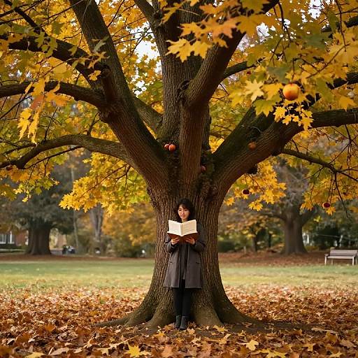 Photograph of a woman with short dark hair, wearing a gray coat and black pants, reading a book under a large, yellow-leaved tree in