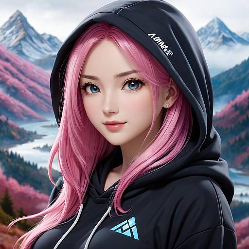 Digital artwork of a beautiful young woman with pink hair, blue eyes, wearing a black hoodie, set against a snowy mountain landscape.