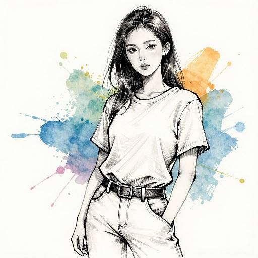 Young Woman Ink Sketch with Color Splash