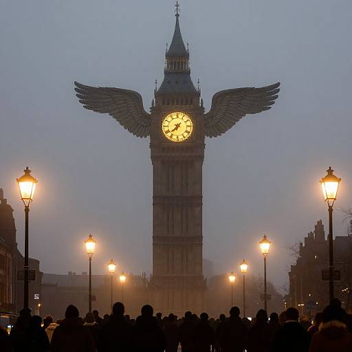 Photograph of Big Ben at dusk with angel wings, illuminated clock face, surrounded by glowing street lamps and silhouetted crowd.