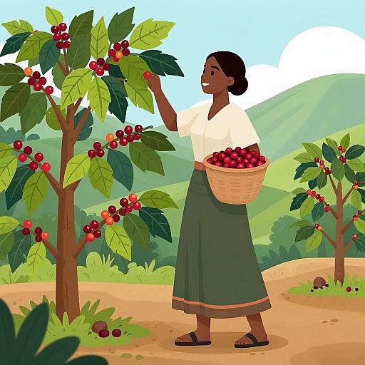 Illustration of a smiling Black woman in a white shirt and green skirt, picking red cherries from a tree, holding a basket of cherries,