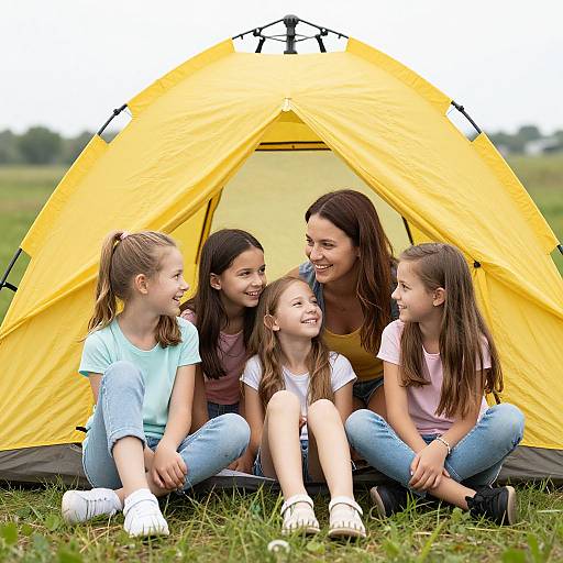 Photograph of a smiling mother and four daughters sitting in front of a bright yellow camping tent on grassy field.