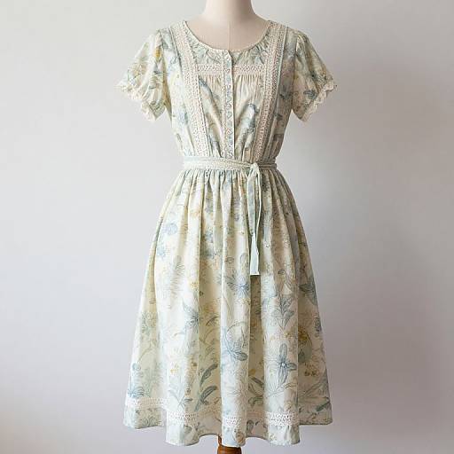 Photograph of a vintage-style, short-sleeved, floral-patterned dress with lace detailing on the bodice and waist, displayed on a white