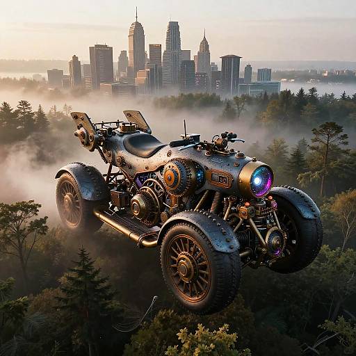 Steampunk Hover Bike in Misty Forest