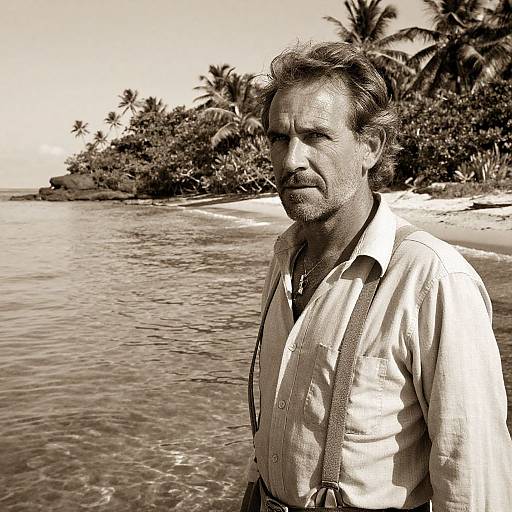 Sepia-toned photograph of a middle-aged man with a mustache, wearing a white button-up shirt and suspenders, standing on a tropical beach