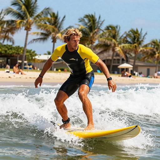 Photograph of a blonde man surfing on a tropical beach, wearing a yellow and black wetsuit, with palm trees and beachgoers in the