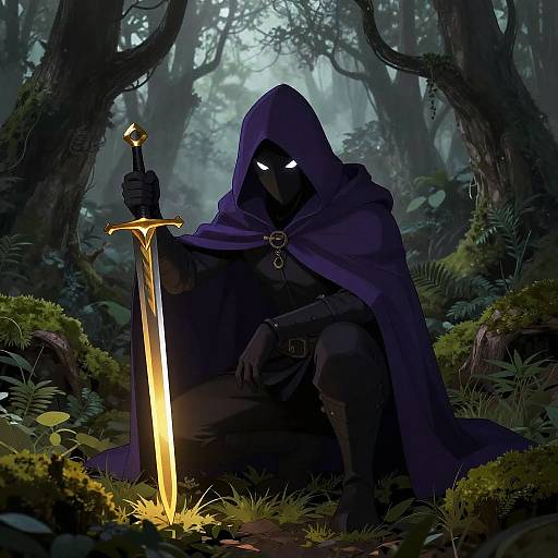 Mysterious Hooded Figure in Misty Forest