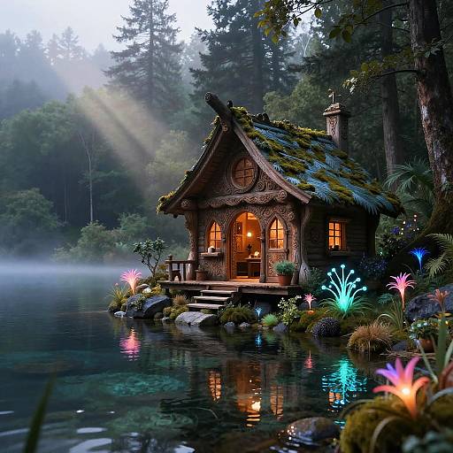 Mystical Forest Cabin by Bioluminescent Lake