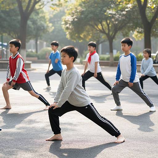 Photograph of six Asian boys in casual sports clothes performing a martial arts stance outdoors in a sunlit park.