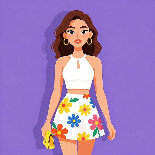 Digital illustration of a confident woman with wavy brown hair, wearing a white crop top, white floral skirt, and hoop earrings, holding a yellow purse