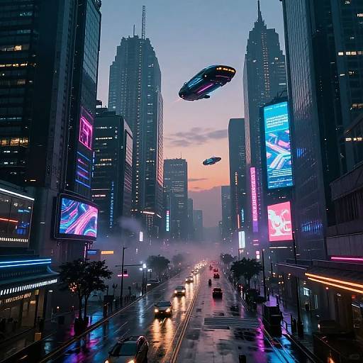 Neon-lit futuristic cityscape at dusk, featuring flying black saucers, illuminated skyscrapers, and misty streets with glowing advertisements and