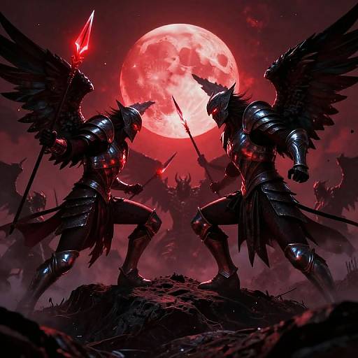 Digital art of two armored, winged warriors with red glowing eyes facing each other under a large, red full moon. Both hold red-tipped spe
