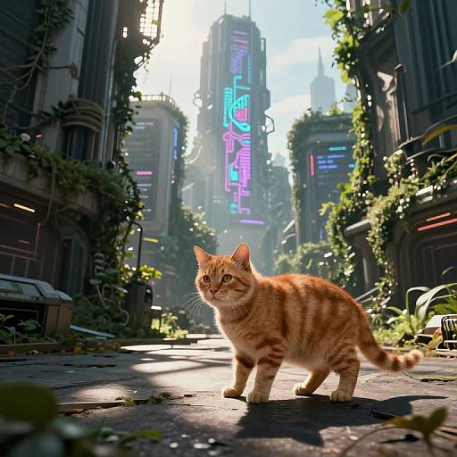 Photorealistic CGI: Orange tabby cat walks on sunlit, neon-lit, futuristic urban street with overgrown plants and towering skyscrapers