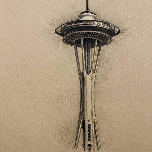 Monochromatic digital drawing of the Space Needle, showcasing intricate shading and fine lines, against a textured beige background.