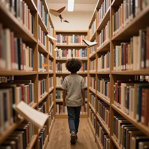 Photograph of a child with curly hair, wearing a gray t-shirt and blue jeans, walking down a narrow library aisle with flying paper birds, surrounded