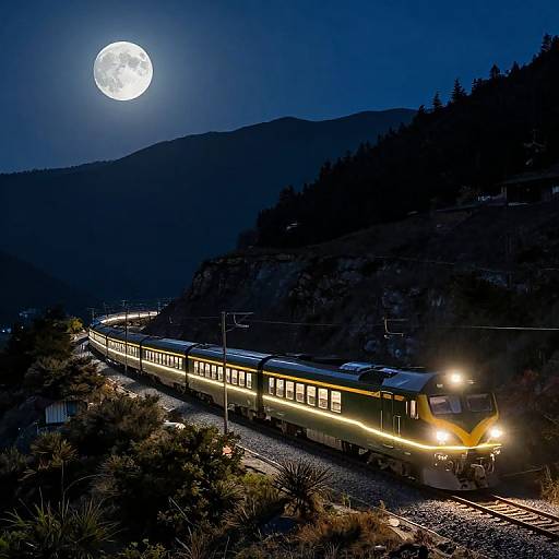 Neon-Lit Train in Moonlit Mountains
