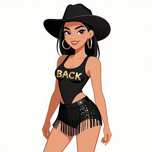 Digital cartoon of a confident, tan-skinned woman with black hair, wearing a black cowboy hat, gold 