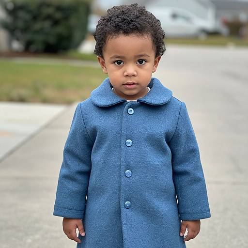 Photograph of a young Black child with curly hair wearing a blue, buttoned coat, standing on a suburban street.