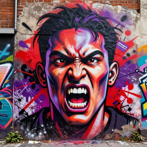 Vibrant graffiti mural of a screaming, angry man with intense eyes and sharp teeth on a brick wall, surrounded by colorful splashes and abstract shapes