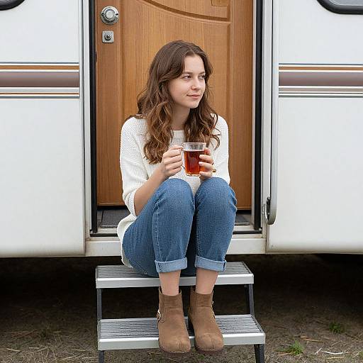 Woman Relaxing with Tea by Caravan