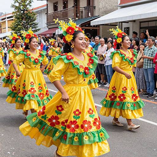 Photograph of four smiling Latina women in bright yellow floral dresses with green accents, performing a traditional dance in a vibrant street parade. Crowds and buildings