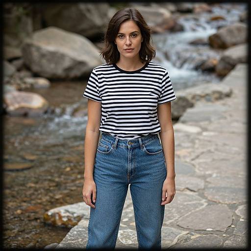 Photograph of a young woman with shoulder-length brown hair, wearing a black-and-white striped shirt and blue high-waisted jeans, standing by a