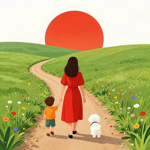 Digital illustration of a woman in a red dress, child in orange shirt, and white dog walking on a winding path towards a large red sun in a