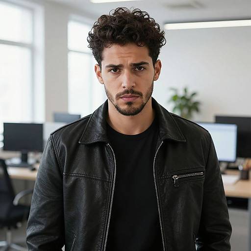 Photograph of a curly-haired, dark-bearded man with serious expression, wearing a black leather jacket over a black shirt, in a modern, sun