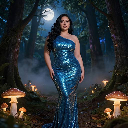 Photograph of a curvy woman with long black hair in a shimmering blue sequin dress, standing in a magical forest with glowing mushrooms and a