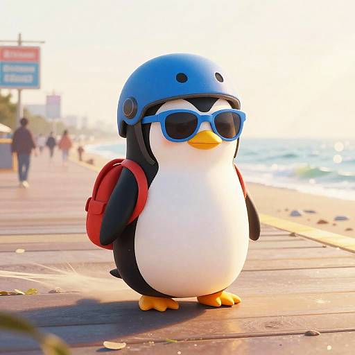 Pastel Penguin Costume on Coastal Boardwalk