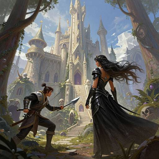 Digital fantasy artwork: Dark-haired warrior woman in black gown faces determined male fighter with sword in front of grand, sunlit castle. Lush forest with