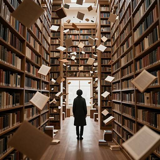 Photograph of a person in a dark coat standing in a library aisle with floating books, surrounded by tall bookshelves, bright light at the end