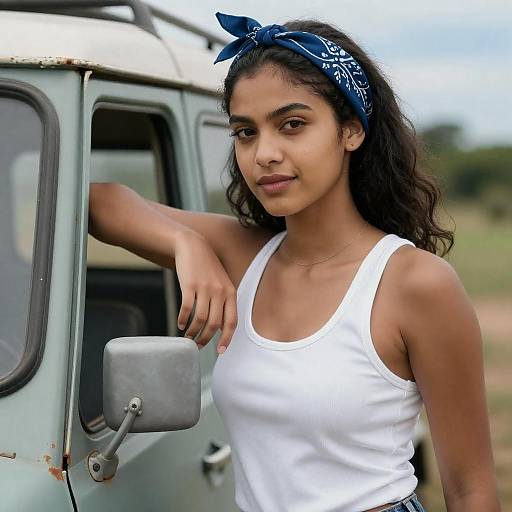 Confident Woman Leaning from Weathered Vehicle