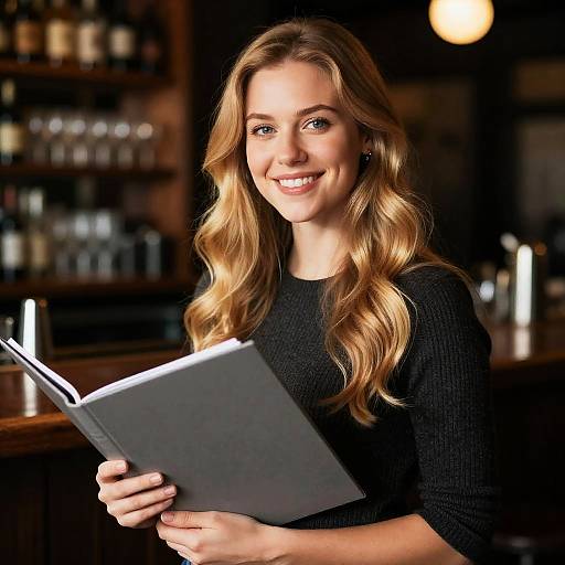 Smiling Woman Holding Folder in Bar