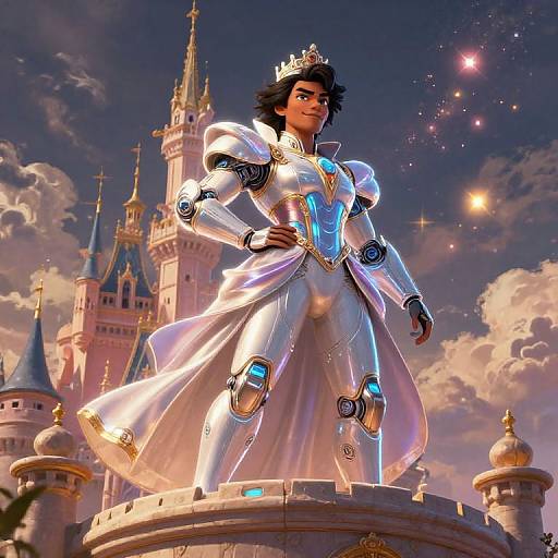 Digital art of a dark-skinned, curly-haired prince in a glowing white, cyberpunk-style royal gown with blue accents, standing on a castle turret